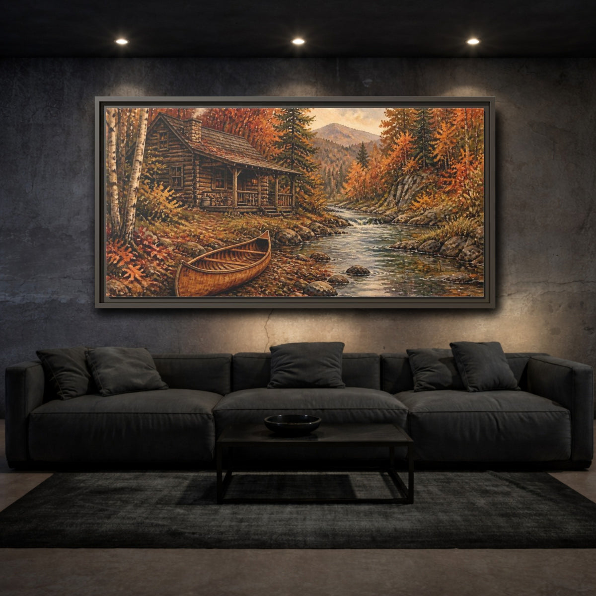 Mockup 3. Rustic Cabin And Canoe shown as framed canvas print