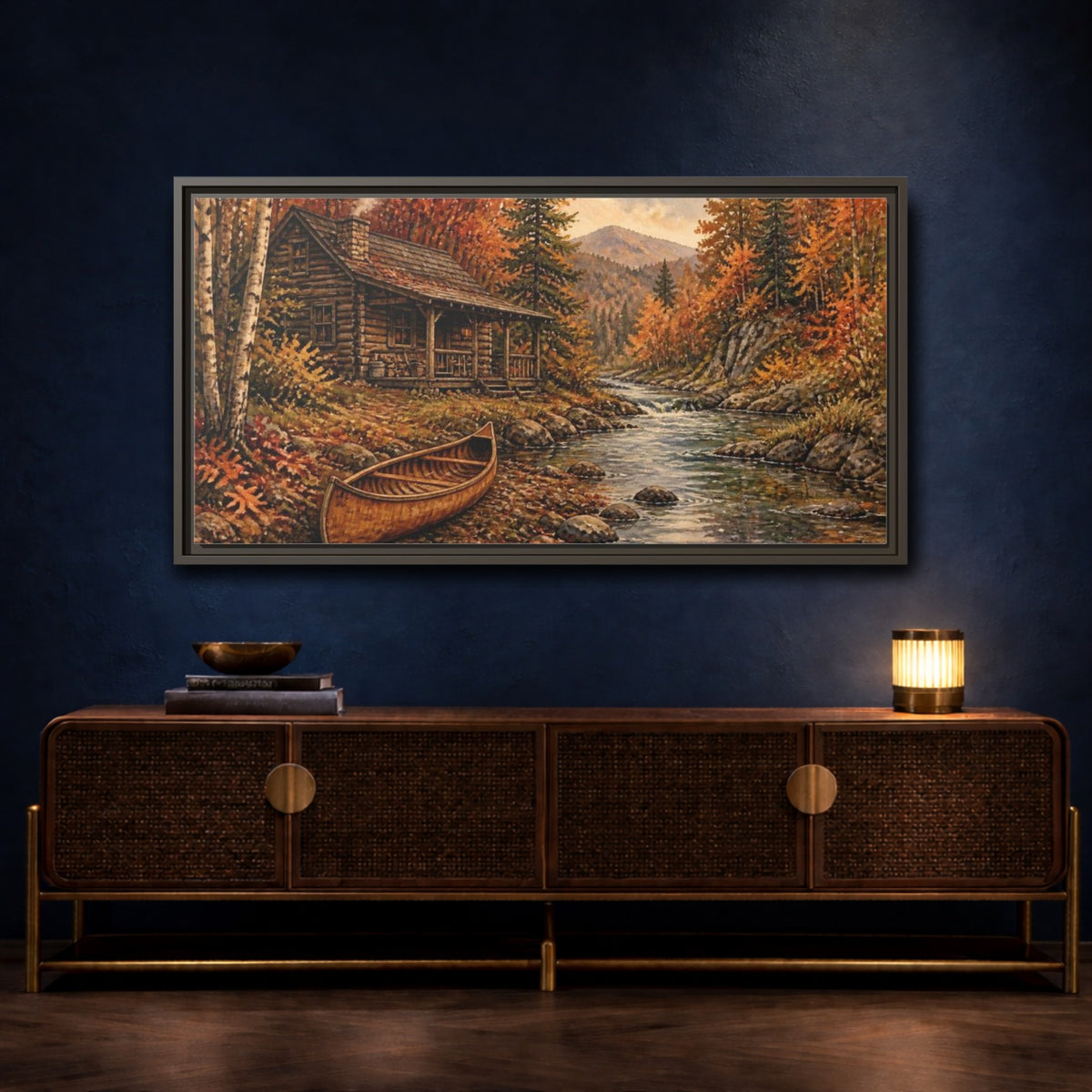 Mockup 4. Rustic Cabin And Canoe shown as framed canvas print