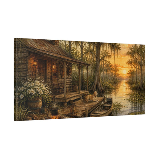 Main Mockup. Rustic Cabin At Sunset shown as canvas print