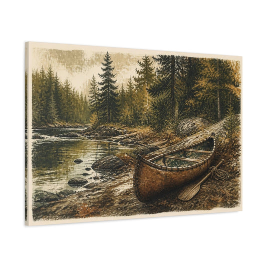 Main Mockup. Rustic Canoe By Creek shown as canvas print