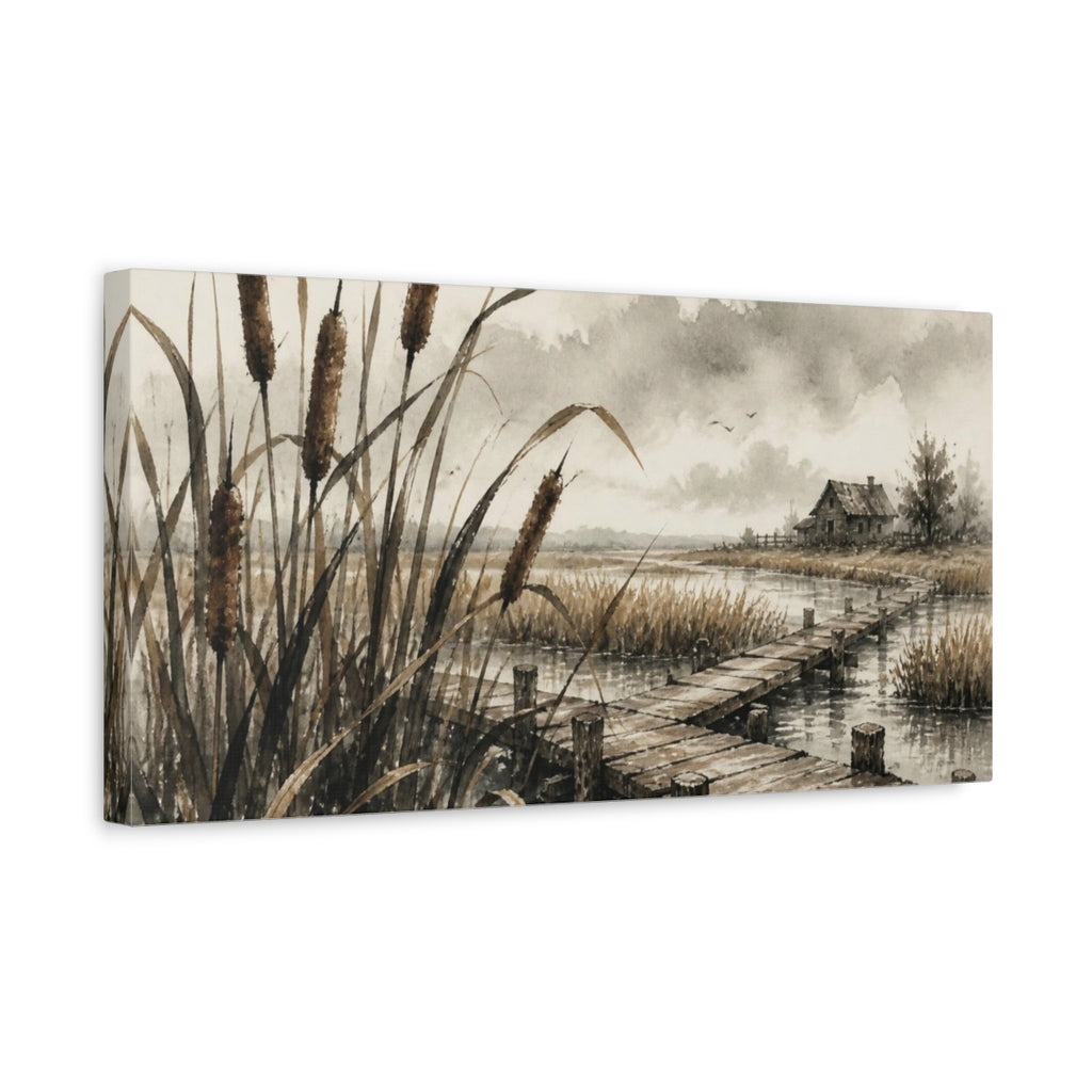Side Mockup 3. Rustic Cattail Boardwalk shown as canvas print