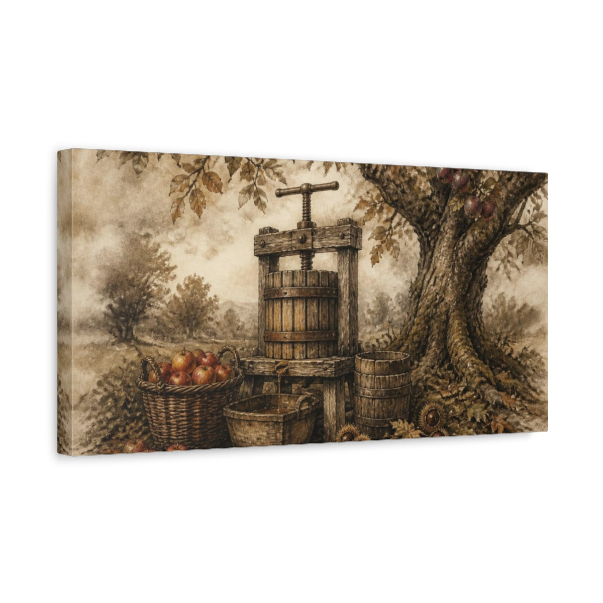 Side Mockup 3. Rustic Cider Press shown as canvas print