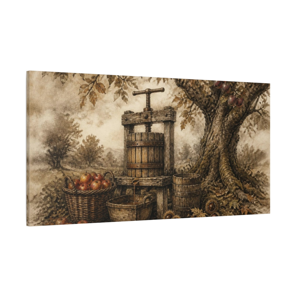 Side Mockup 2. Rustic Cider Press shown as canvas print