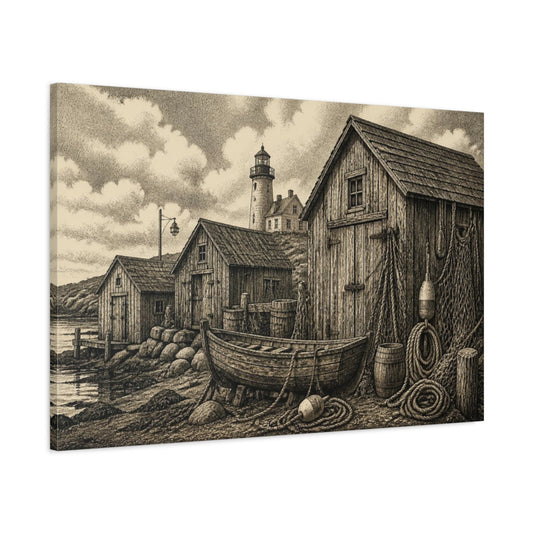 Main Mockup. Rustic Coastal Boathouses shown as canvas print