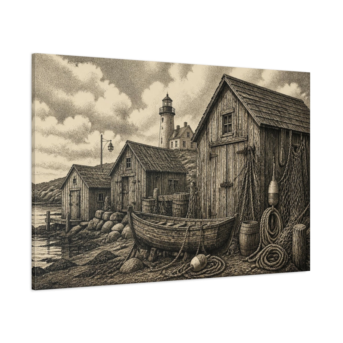 Side Mockup 1. Rustic Coastal Boathouses shown as canvas print