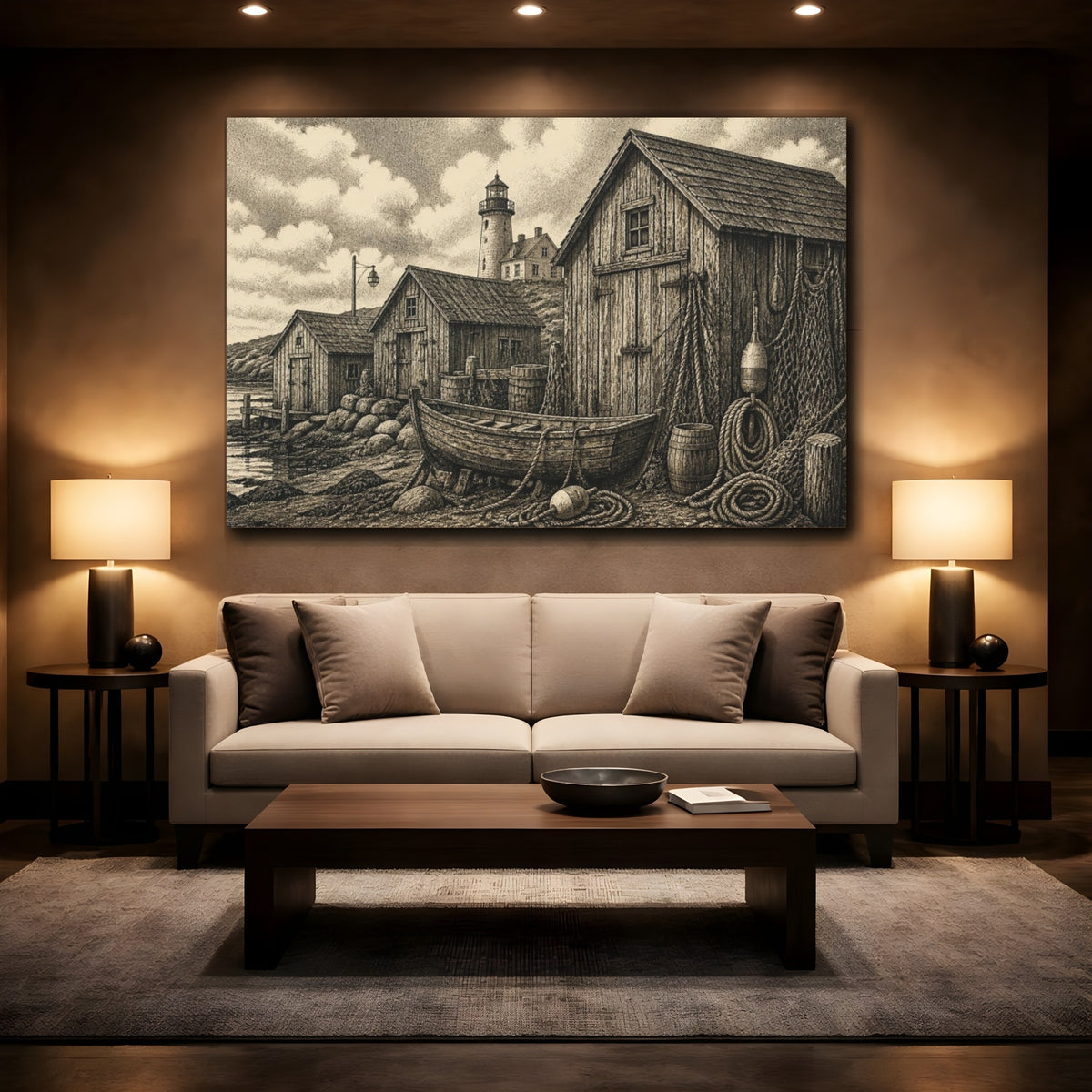 Mockup 2. Rustic Coastal Boathouses shown as canvas print