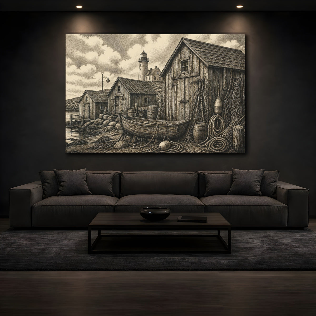 Mockup 3. Rustic Coastal Boathouses shown as canvas print