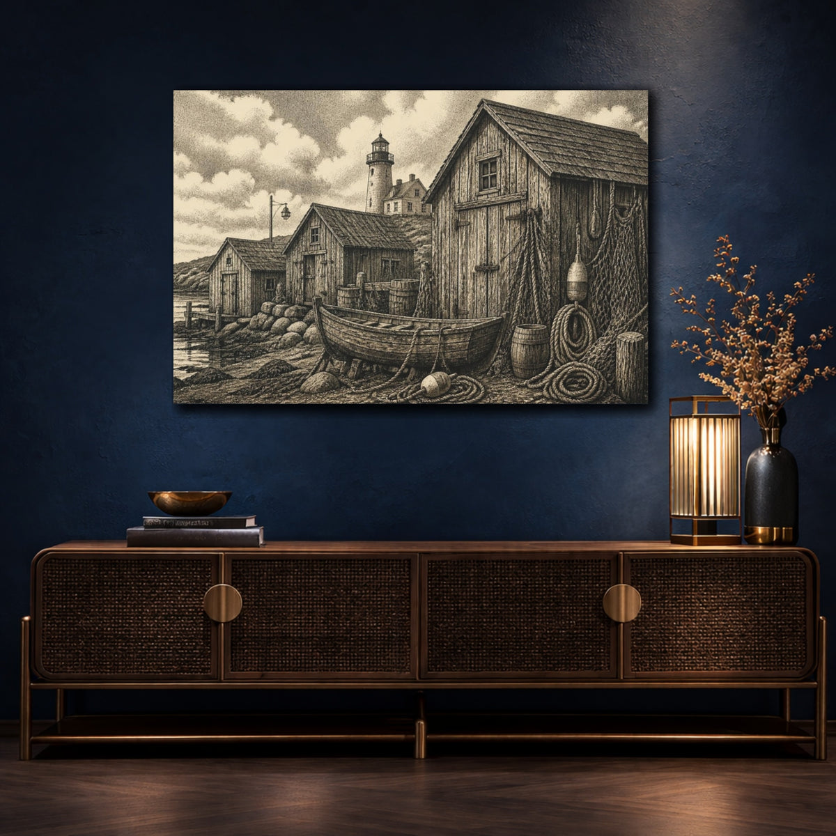 Mockup 4. Rustic Coastal Boathouses shown as canvas print