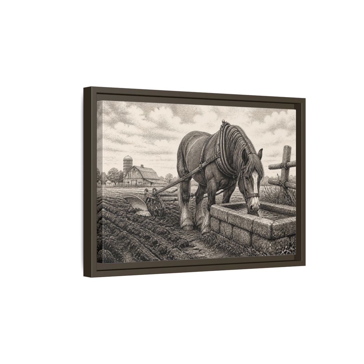 Side Mockup 5. Rustic Draft Horse At Trough shown as framed canvas print
