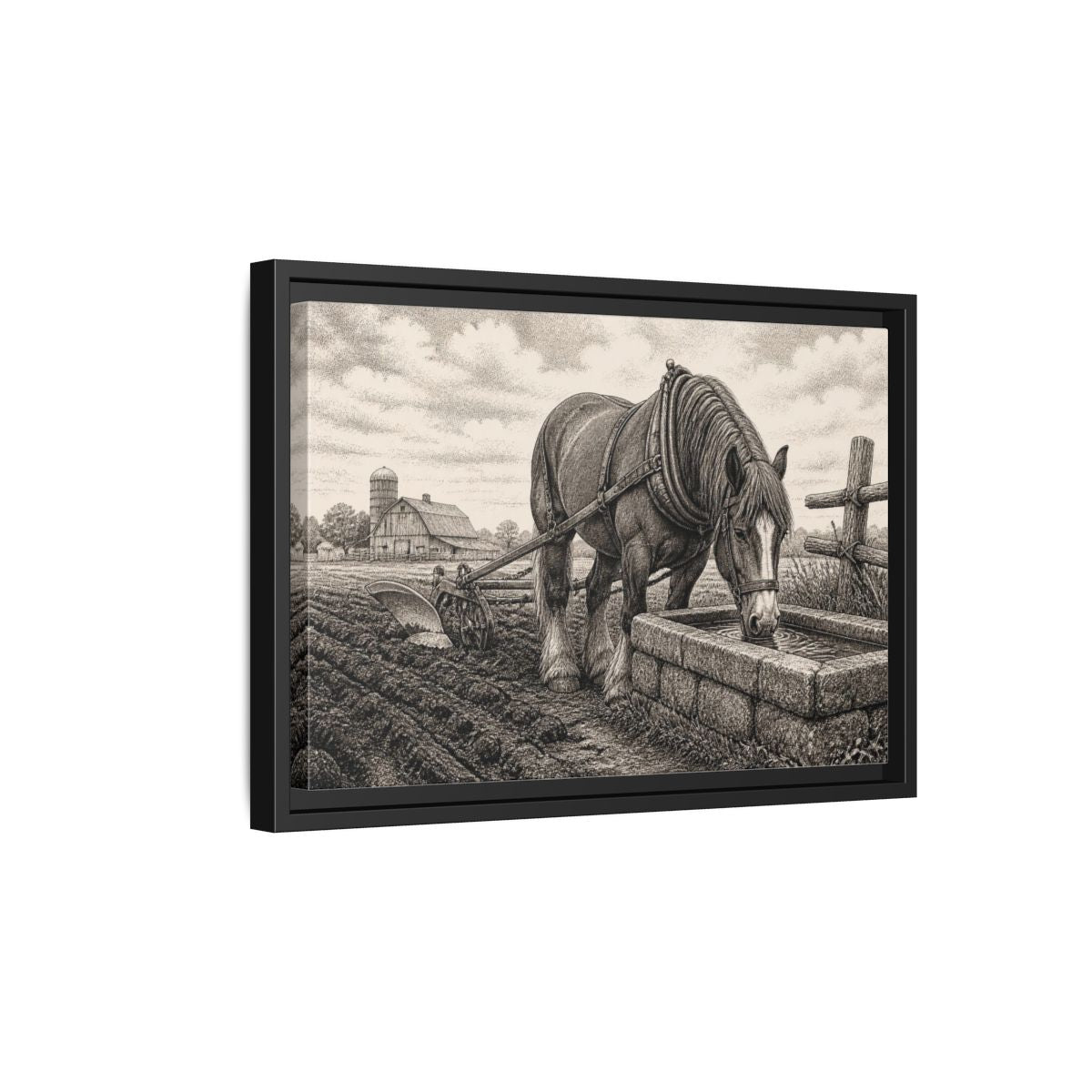 Side Mockup 6. Rustic Draft Horse At Trough shown as framed canvas print