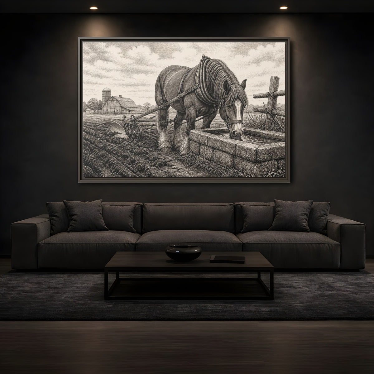 Mockup 3. Rustic Draft Horse At Trough shown as framed canvas print