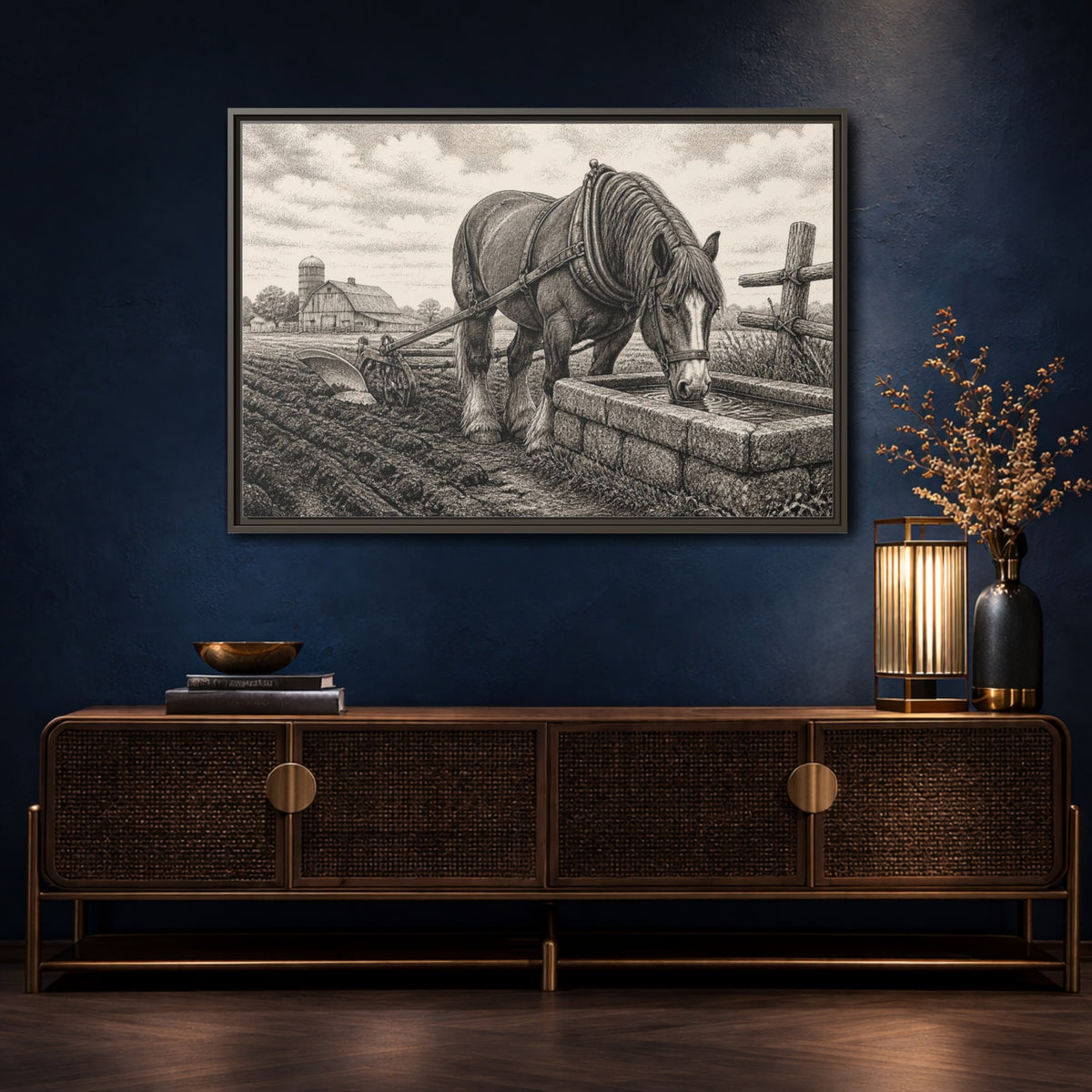 Mockup 4. Rustic Draft Horse At Trough shown as framed canvas print