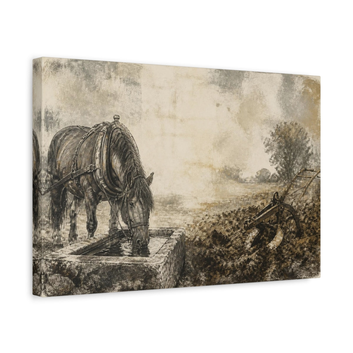 Side Mockup 4. Rustic Draft Horse Drinking shown as canvas print
