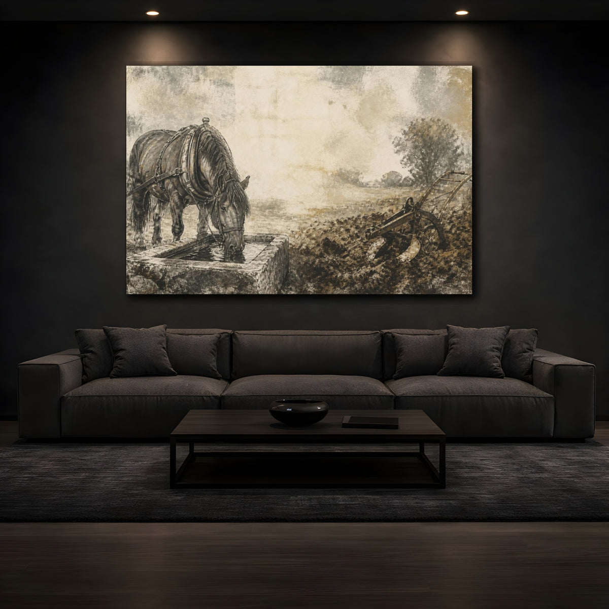Mockup 3. Rustic Draft Horse Drinking shown as canvas print