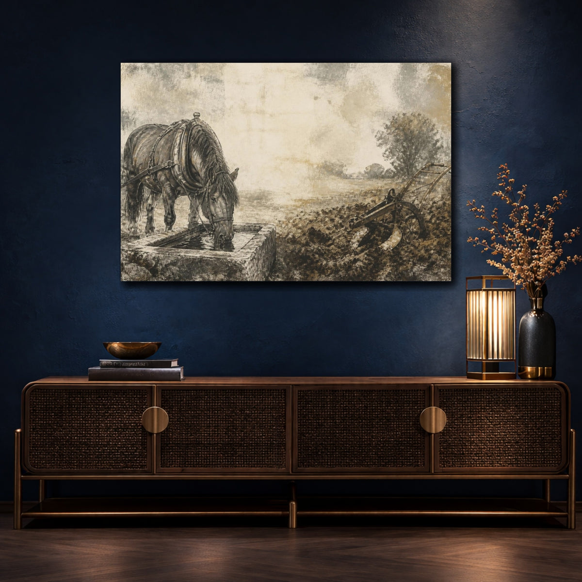 Mockup 4. Rustic Draft Horse Drinking shown as canvas print