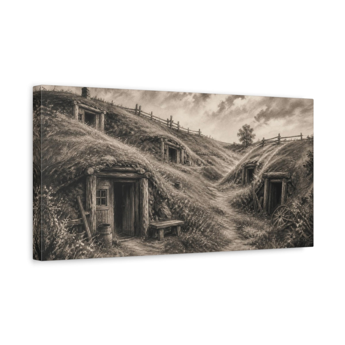 Side Mockup 3. Rustic Dugouts On Hillside shown as canvas print