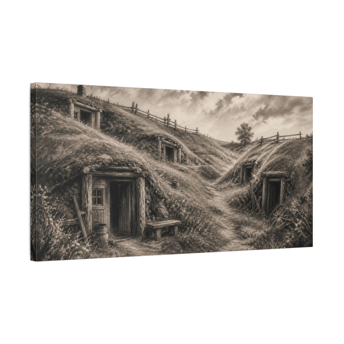 Side Mockup 1. Rustic Dugouts On Hillside shown as canvas print