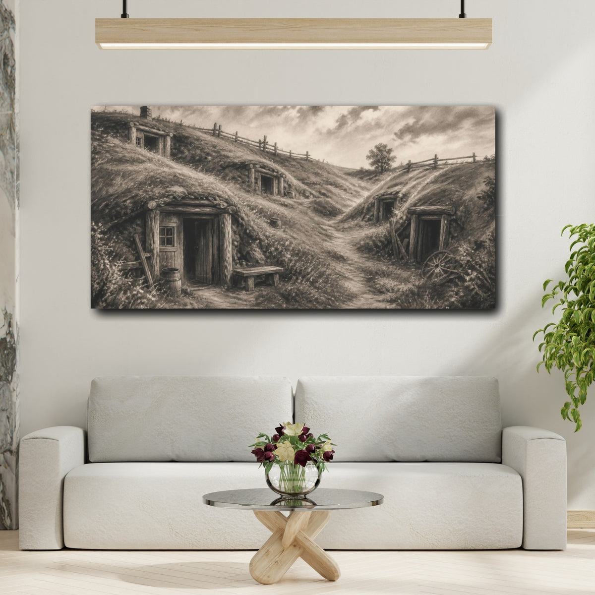 Mockup 2. Rustic Dugouts On Hillside shown as canvas print