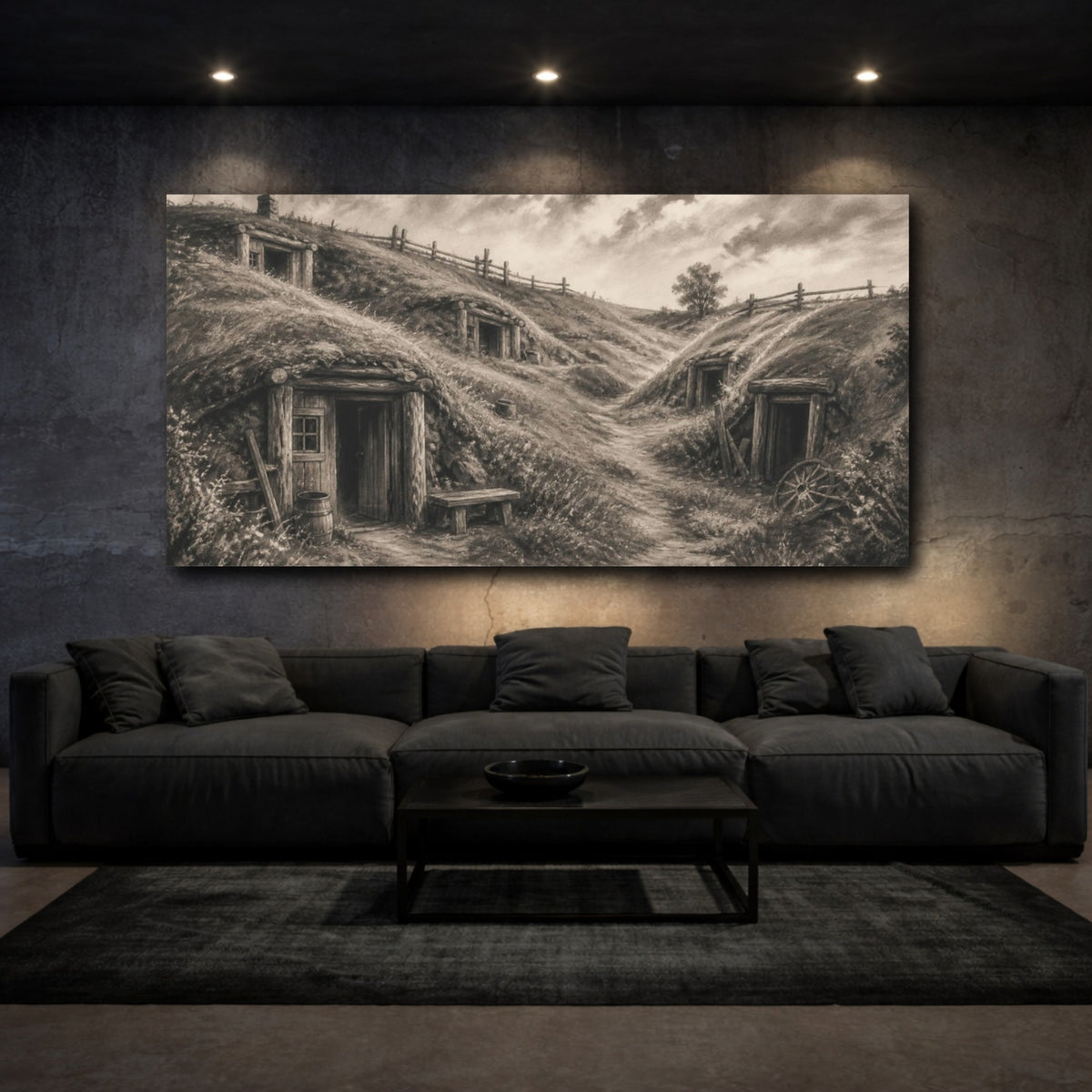 Mockup 3. Rustic Dugouts On Hillside shown as canvas print