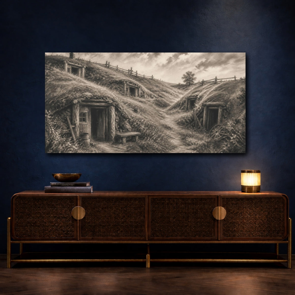 Mockup 4. Rustic Dugouts On Hillside shown as canvas print