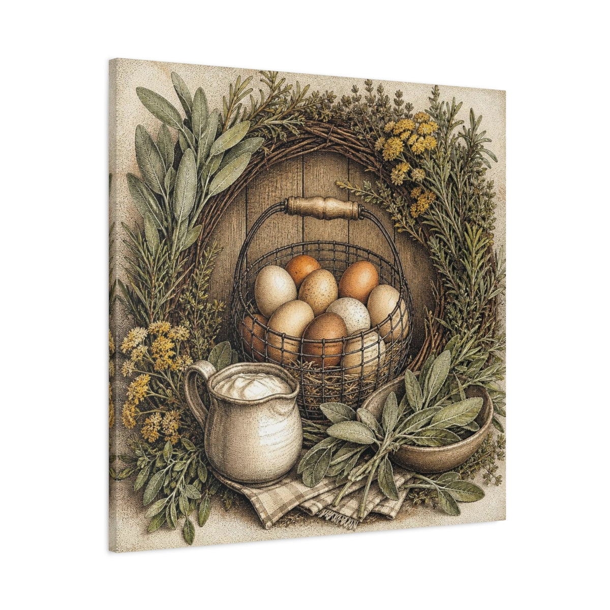 Main Mockup. Rustic Egg Basket shown as canvas print