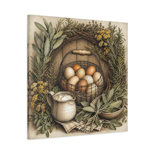 Main Mockup. Rustic Egg Basket shown as canvas print