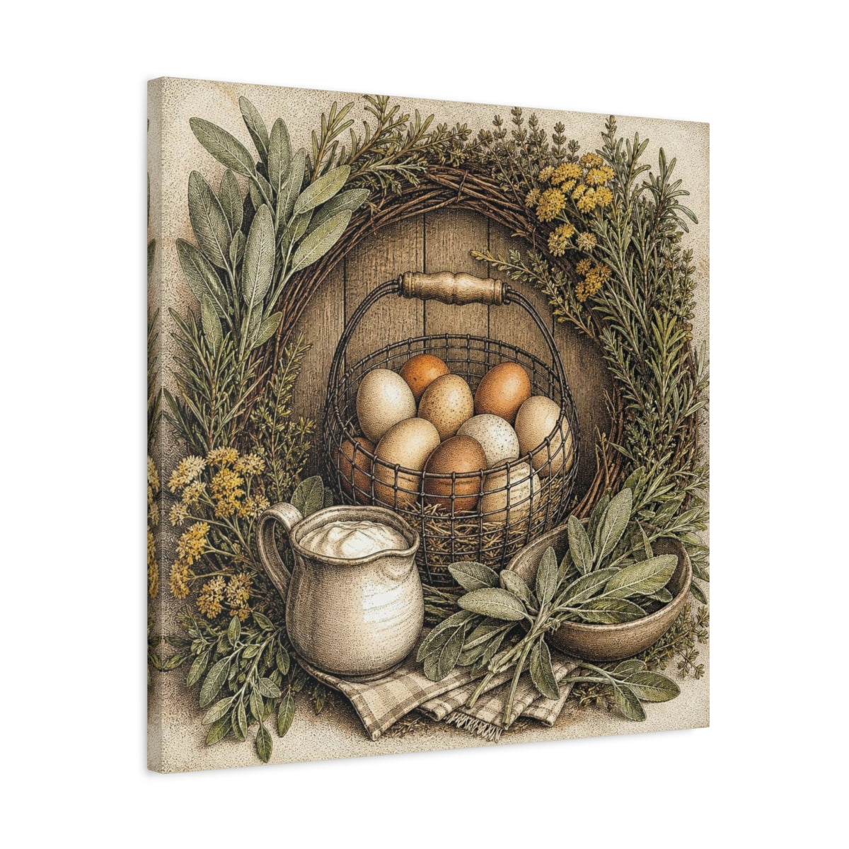 Side Mockup 4. Rustic Egg Basket shown as canvas print