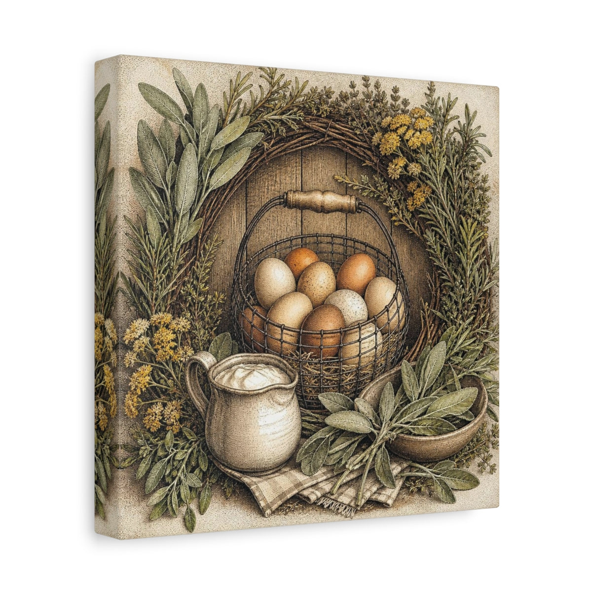 Side Mockup 9. Rustic Egg Basket shown as canvas print