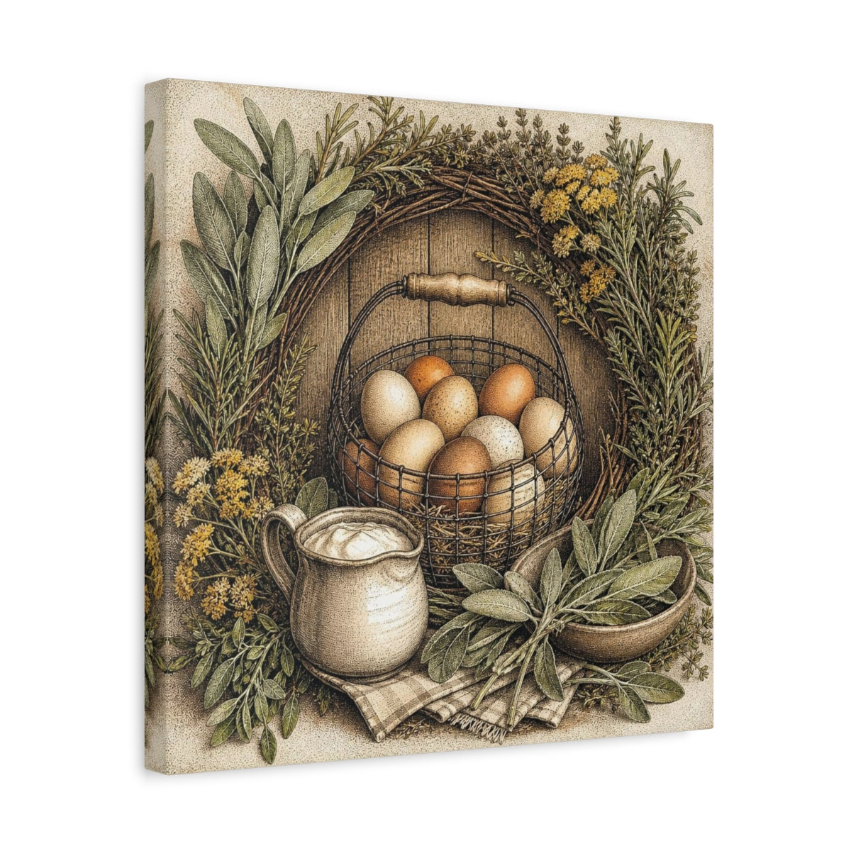Side Mockup 6. Rustic Egg Basket shown as canvas print