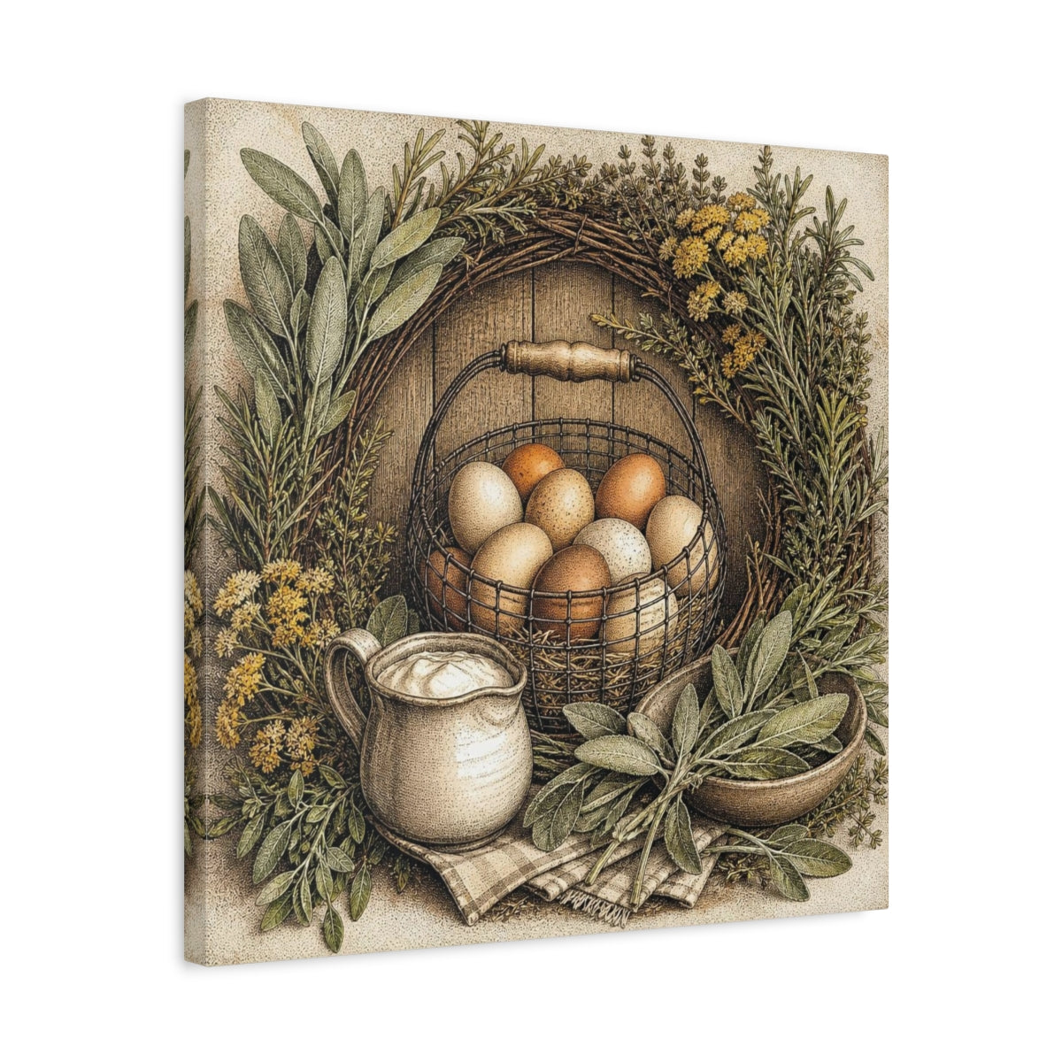 Side Mockup 5. Rustic Egg Basket shown as canvas print