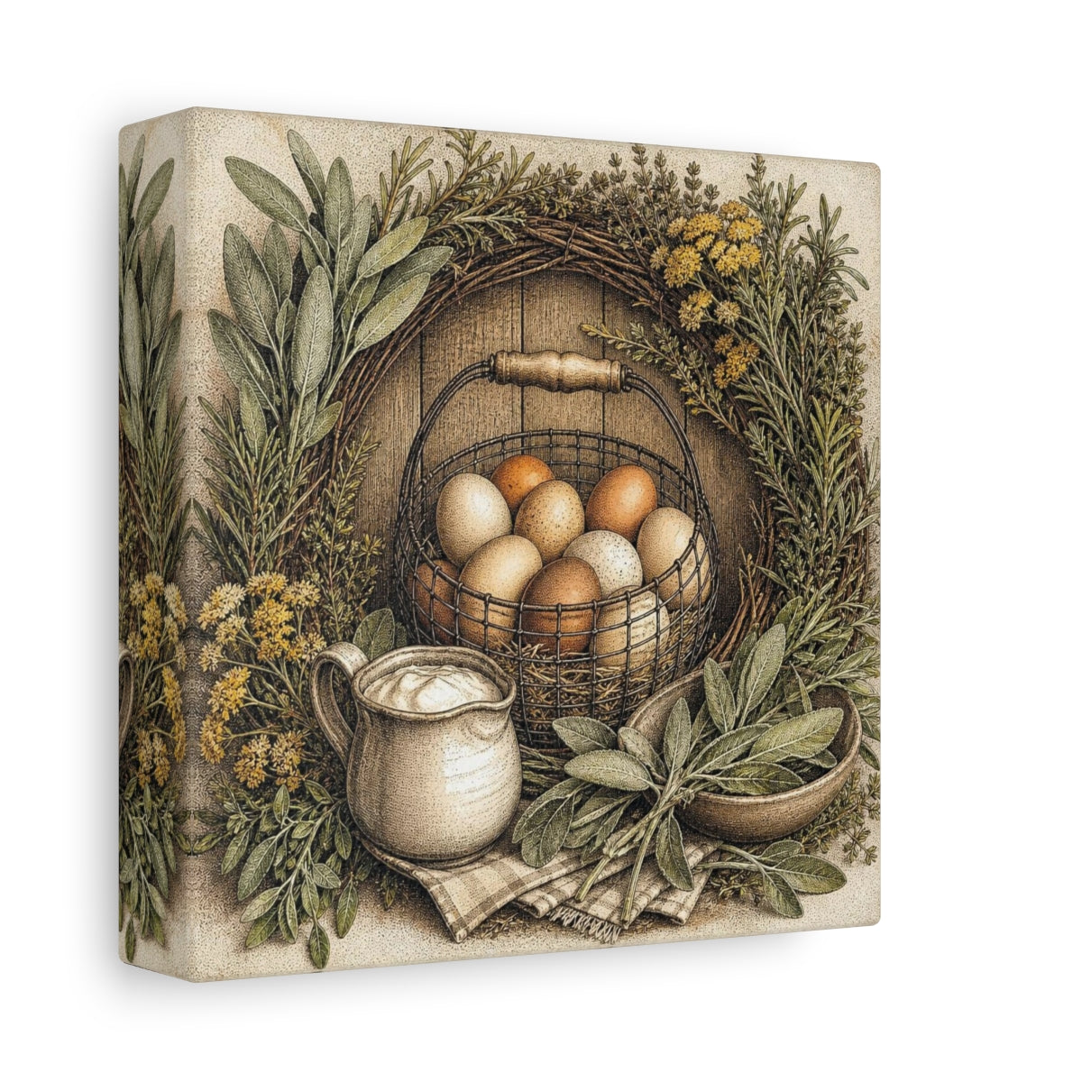 Side Mockup 2. Rustic Egg Basket shown as canvas print