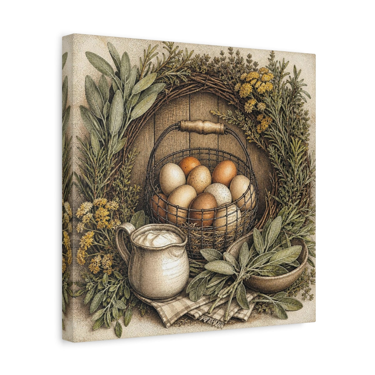 Side Mockup 7. Rustic Egg Basket shown as canvas print