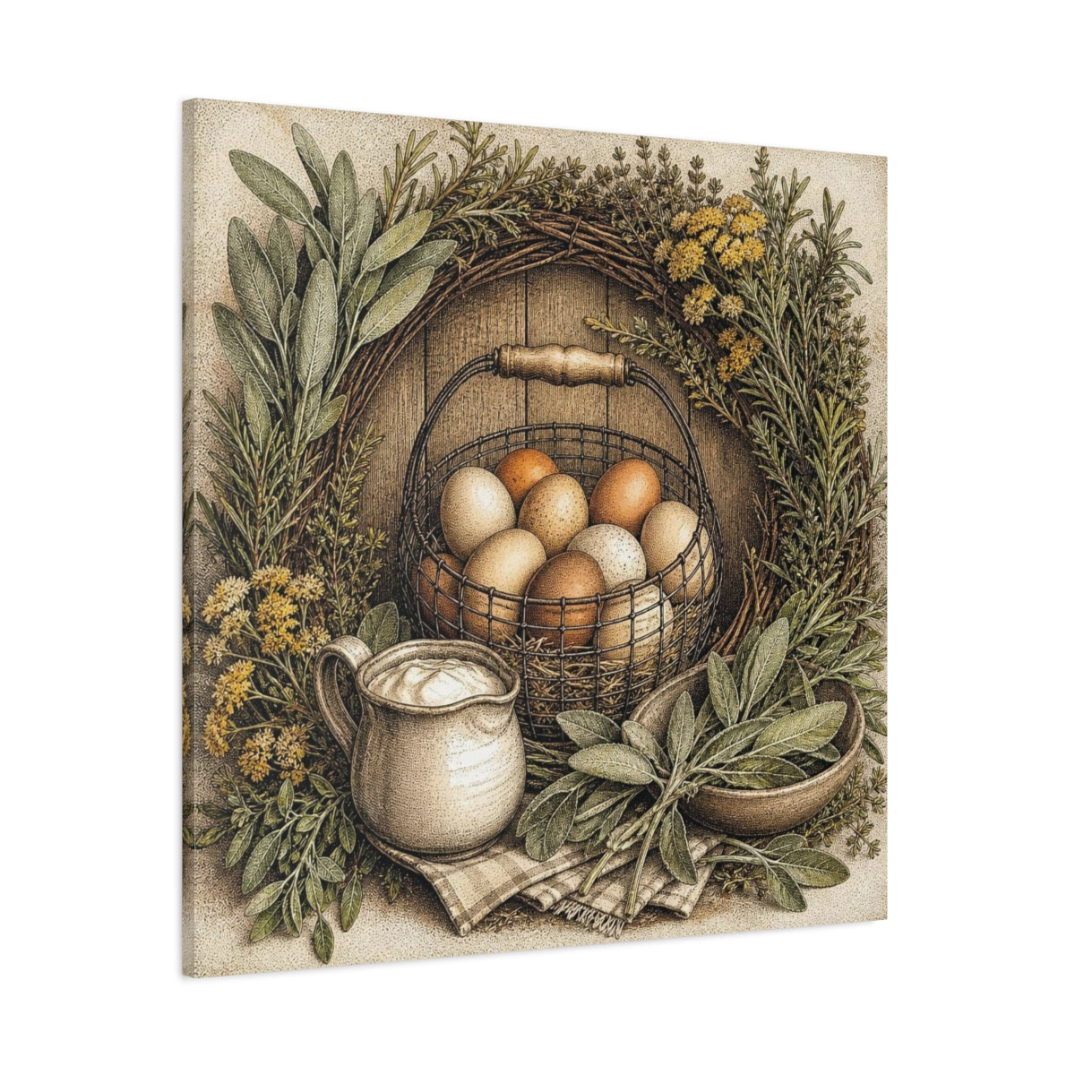 Side Mockup 1. Rustic Egg Basket shown as canvas print