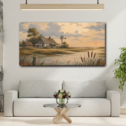 Mockup 2. Rustic Farmhouse Sunset shown as canvas print