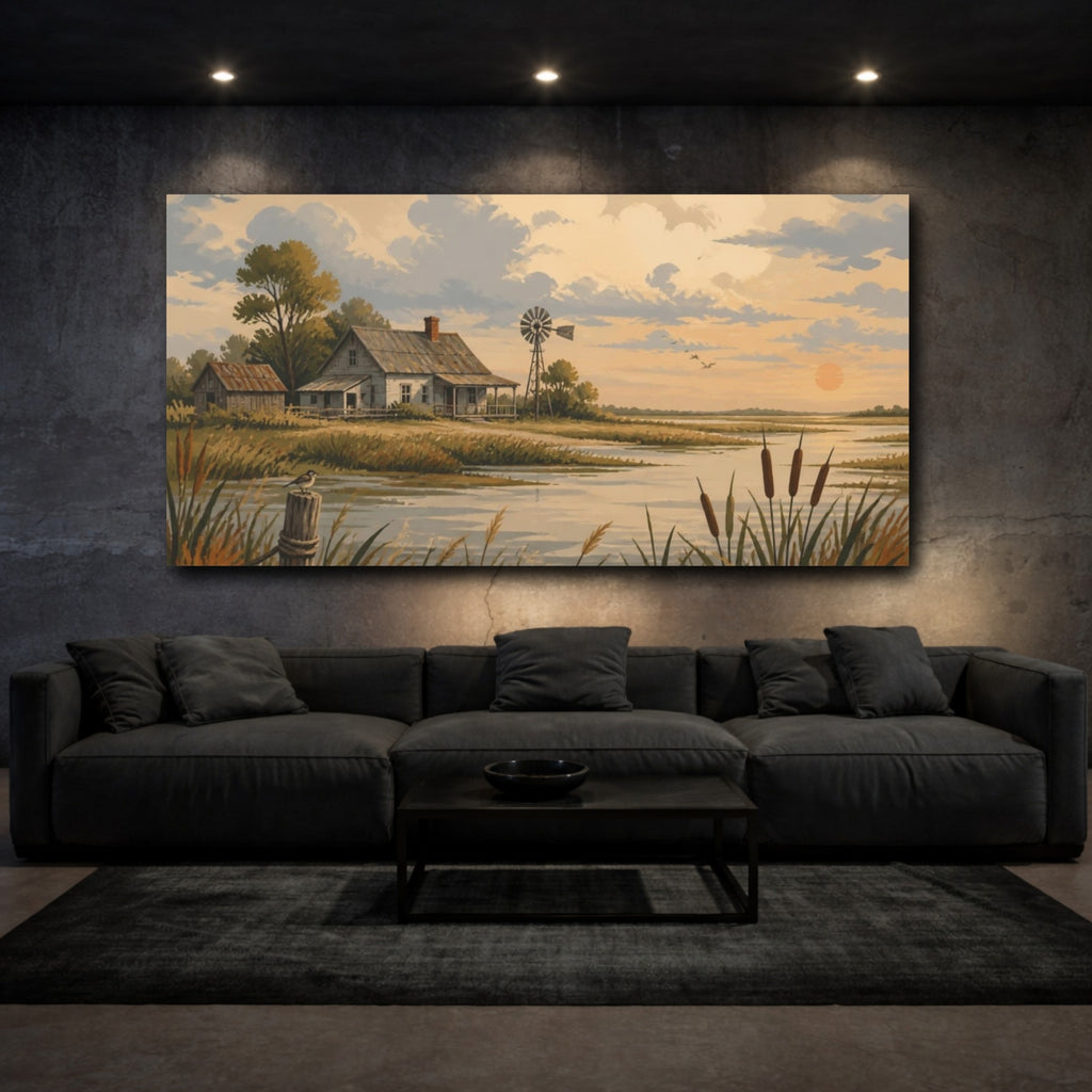 Mockup 3. Rustic Farmhouse Sunset shown as canvas print