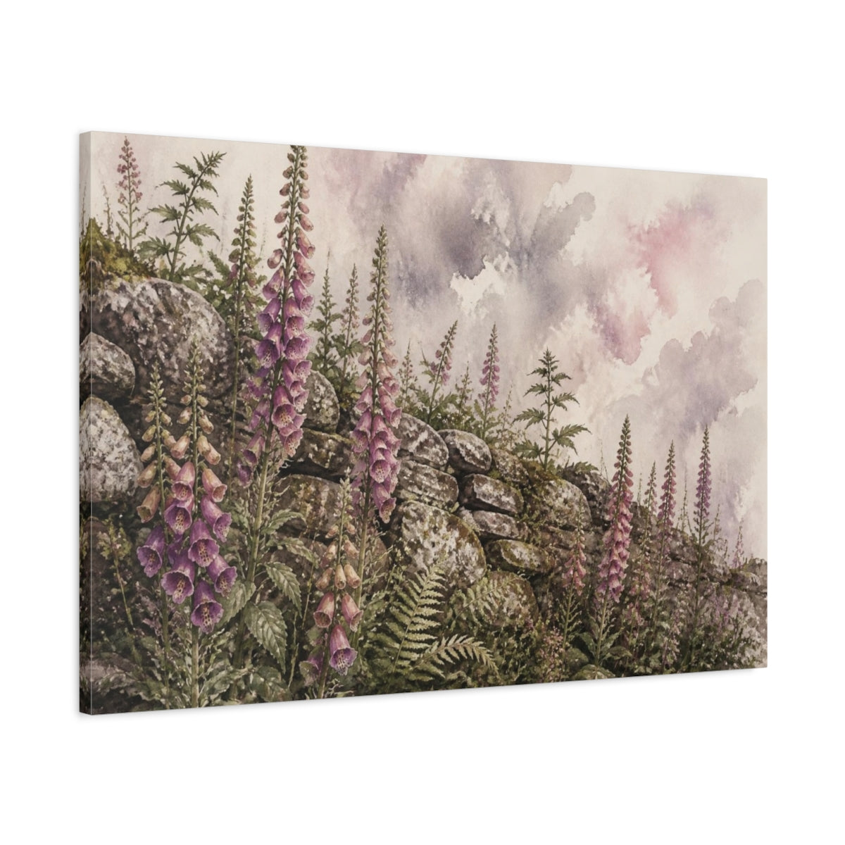 Main Mockup. Rustic Foxglove Stone Wall shown as canvas print