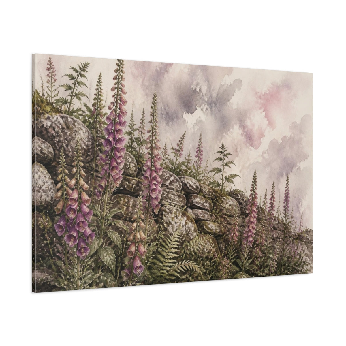 Side Mockup 1. Rustic Foxglove Stone Wall shown as canvas print