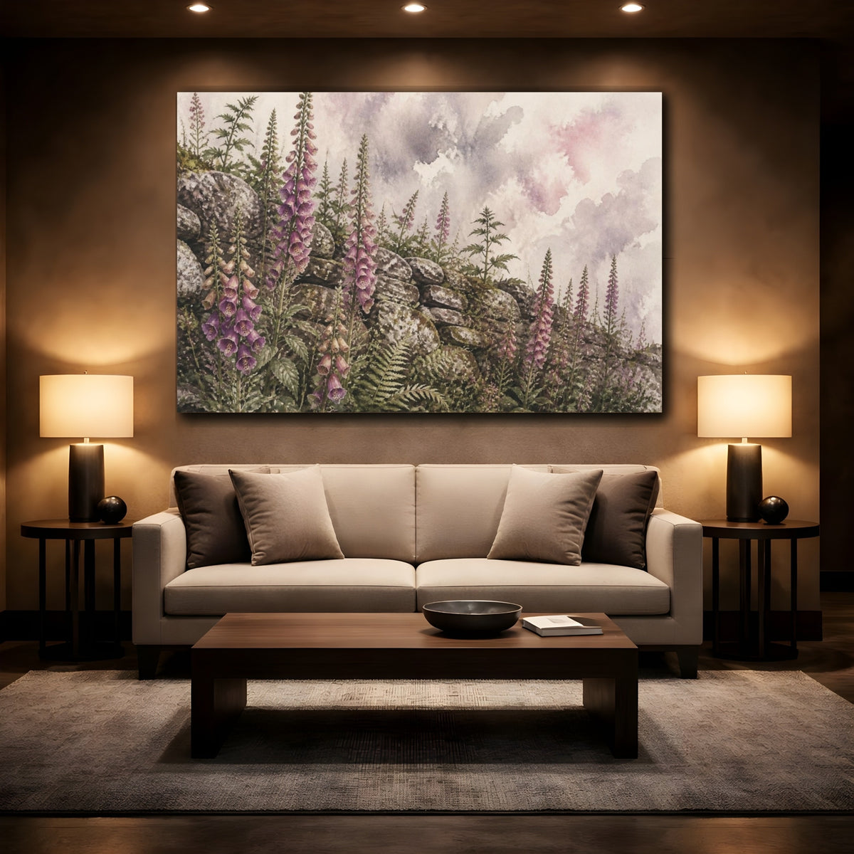 Mockup 2. Rustic Foxglove Stone Wall shown as canvas print