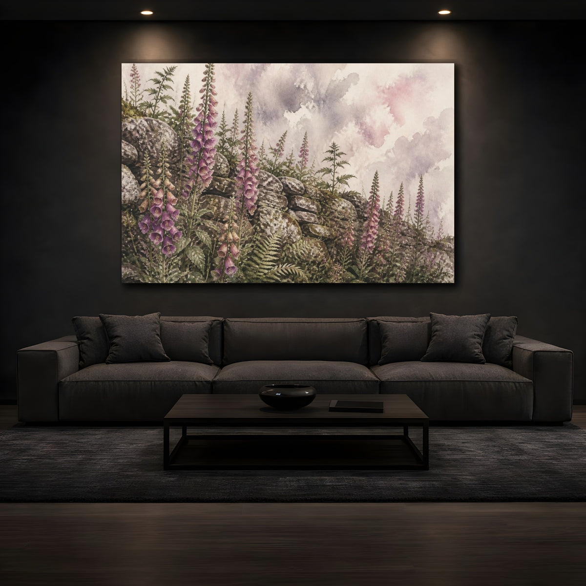 Mockup 3. Rustic Foxglove Stone Wall shown as canvas print