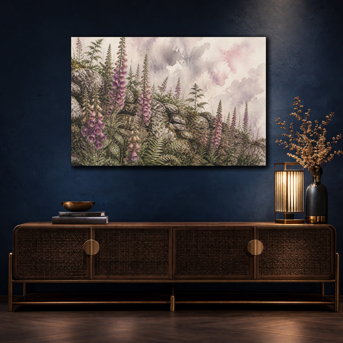 Mockup 4. Rustic Foxglove Stone Wall shown as canvas print