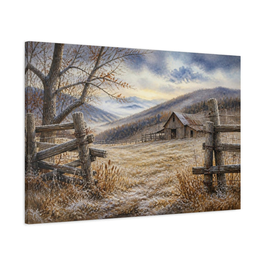Main Mockup. Rustic Frosted Barn shown as canvas print