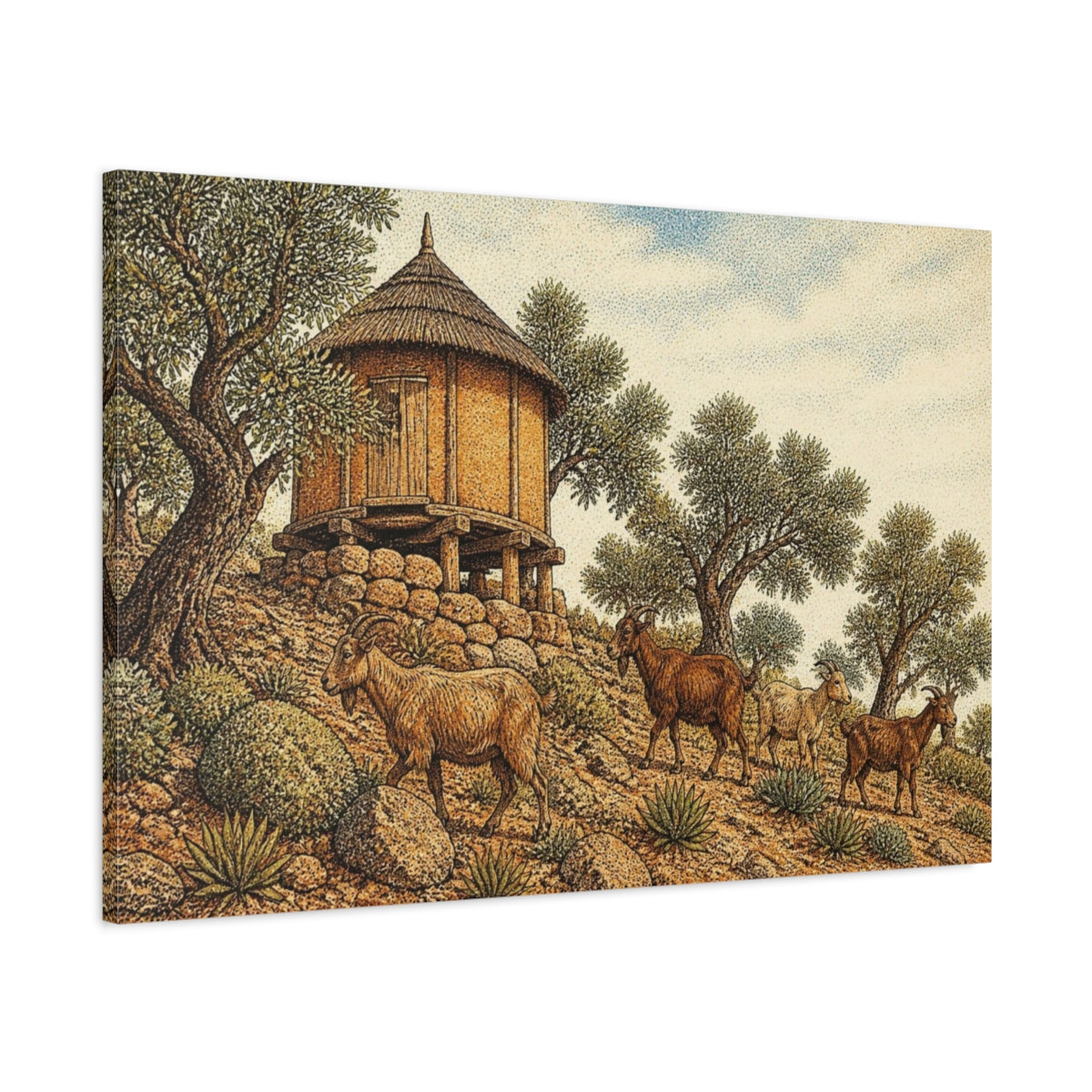 Main Mockup. Rustic Granary And Goats shown as canvas print