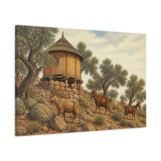 Main Mockup. Rustic Granary And Goats shown as canvas print
