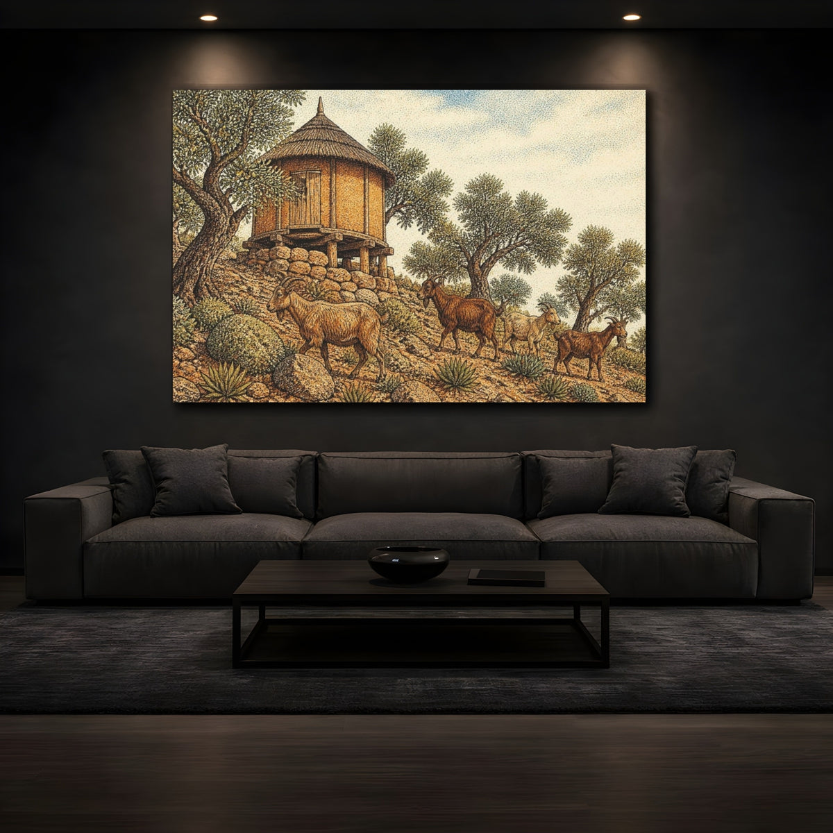 Mockup 3. Rustic Granary And Goats shown as canvas print