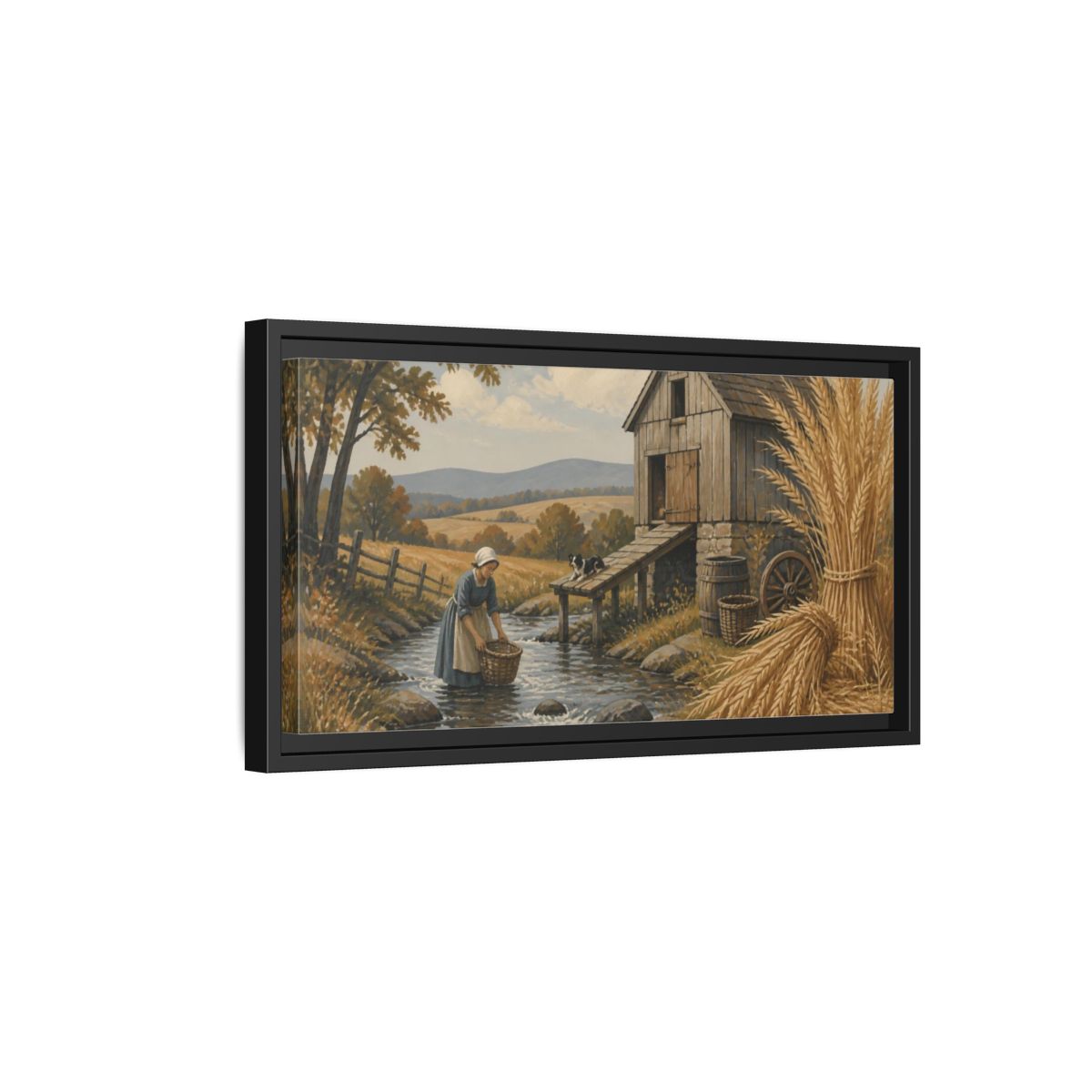 Side Mockup 8. Rustic Granary By Creek shown as framed canvas print