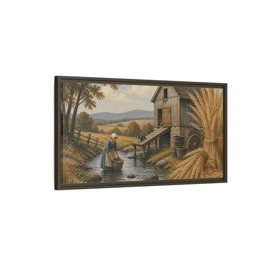 Main Mockup. Rustic Granary By Creek shown as framed canvas print