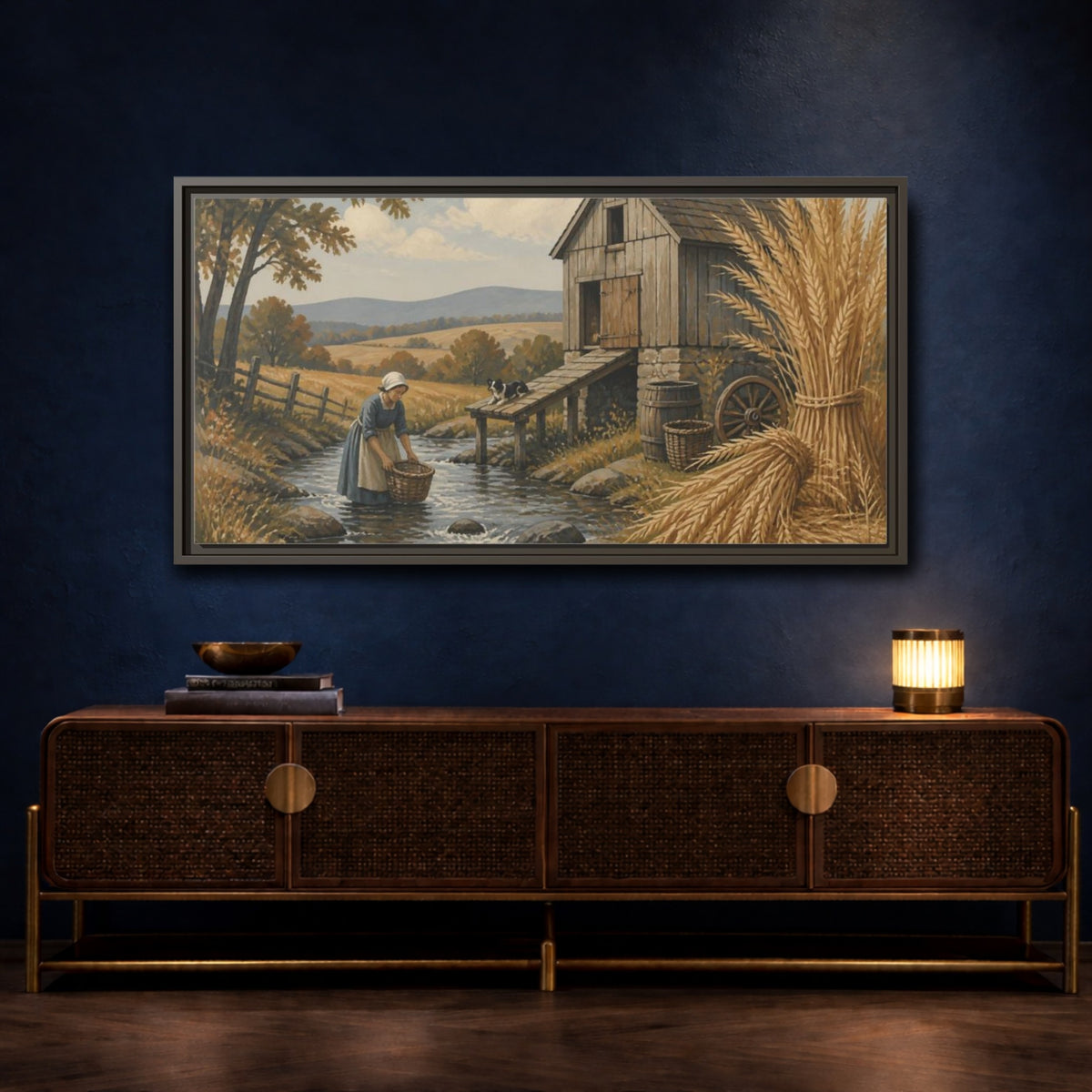 Mockup 4. Rustic Granary By Creek shown as framed canvas print