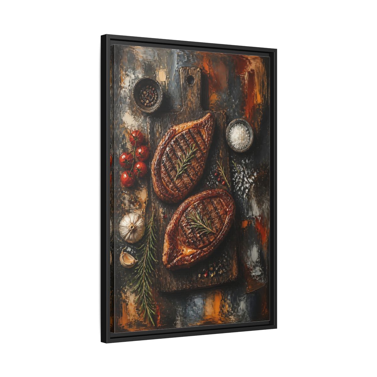 Side Mockup 14. Rustic Grilled Steak Duo shown as framed canvas print