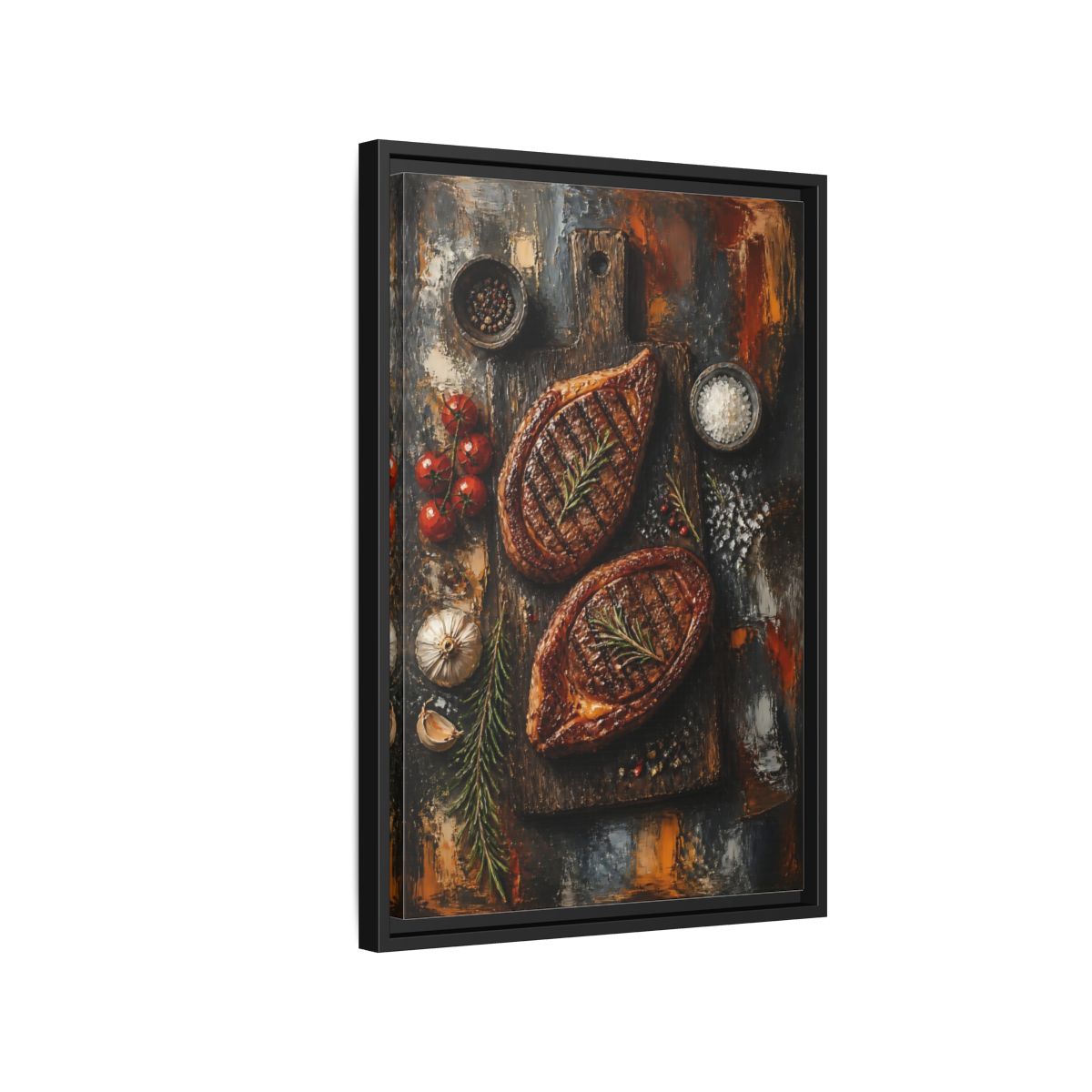 Side Mockup 3. Rustic Grilled Steak Duo shown as framed canvas print