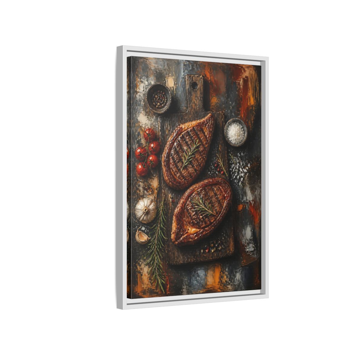 Side Mockup 1. Rustic Grilled Steak Duo shown as framed canvas print